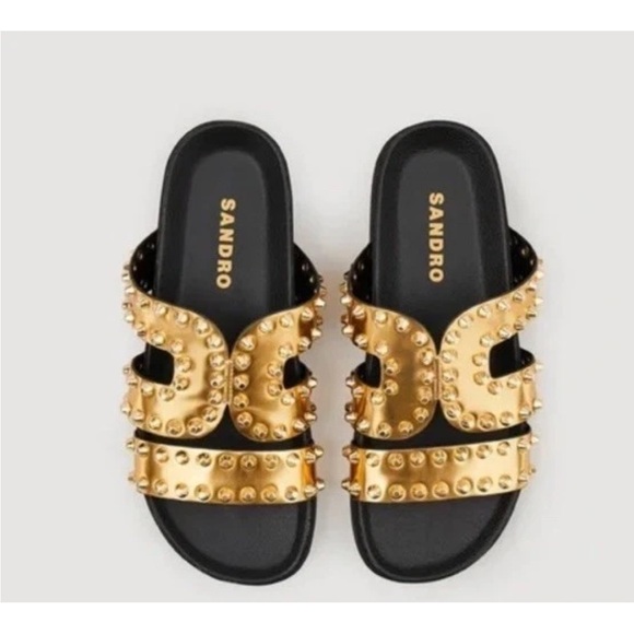 Sandro Spiked Gold Black Metallic Leather Sandals Size 37 - Picture 1 of 6